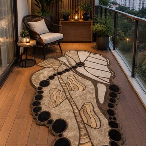 May include: An irregularly shaped area rug featuring a stylized floral pattern in shades of beige, tan, and dark brown. The design includes a central stem, large petal-like sections, and a border composed of various sized solid black circles.