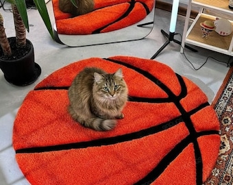 Basketball Shape Rug, Round Sports Carpet, Kids Room Decor, Plush Playroom Mat