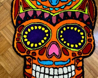 Handmade Colorful Skull Rug, Vibrant Tufted Halloween Decor Carpet