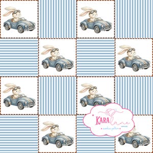 May include: A repeating pattern featuring a cartoon bunny wearing goggles and driving a vintage blue car. The pattern is set against a backdrop of alternating blue striped and white squares, with brown borders. The text "KARA lane + seamless pattern" is in a pink cloud.