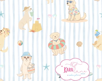 夏の犬のシームレスパターン、ビーチの子犬のデジタルペーパー、子供部屋の壁紙（デジタルダウンロード）