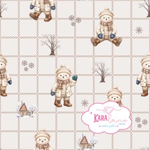 May include: A seamless pattern featuring watercolour illustrations of teddy bears wearing beige coats, scarves, and brown boots, interspersed with bare winter trees, snowflakes, and small houses on a light beige grid background with the text Kara Lane Corner.