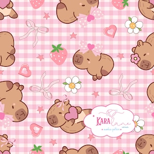 Pink Capybara Seamless Pattern, Gingham Coquette Digital Paper, Nursery Wallpaper (Digital Download)