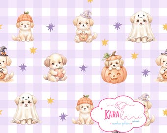 ハロウィンの子犬のシームレスパターン、紫色のギンガムチェック柄の犬のデジタルペーパー、子供部屋の壁紙（デジタルダウンロード）