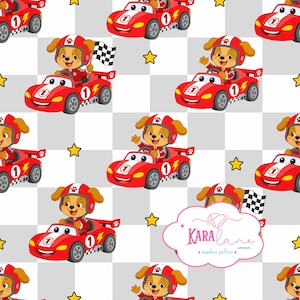 Può includere: Motivo ripetuto di un cane dei cartoni animati in un'auto da corsa rossa. Il cane indossa un casco e una tuta da corsa. Le auto hanno il numero 1. Lo sfondo è un motivo a scacchi con stelle gialle.
