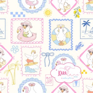 Pode incluir: Um padrão sem costura com gansos de desenho animado com óculos de sol e chapéus, desfrutando de atividades de verão. O design inclui boias de flamingo rosa, pranchas de surf e cenas de praia, emolduradas em bordas rosa e azul, com o texto "KARA Lane".