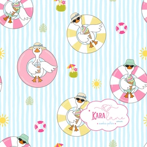 May include: Seamless pattern featuring cartoon geese in sunglasses and hats, floating in colorful inflatable rings. The geese are holding ice cream cones and drinks, with a background of blue stripes, suns, and tropical leaves. The text "KARA Lane + seamless pattern + corner" is in a cloud.