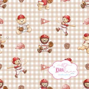 Naadloze patroon honkbal teddybeer, pastel kinderkamer stof achtergrond (digitale download)