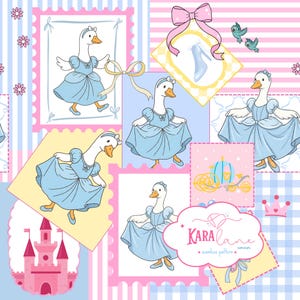 Könnte beinhalten: Ein nahtloses Muster mit weißen Gänsen in blauen Kleidern, rosa Schlössern, blauen Kutschen und rosa Schleifen. Das Design enthält briefmarkenartige Rahmen und den Text Kara Lane corner seamless pattern auf einem weißen Etikett.