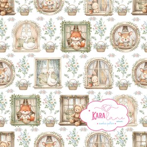 Könnte beinhalten: Ein nahtloses Muster mit Aquarellillustrationen von Waldtieren wie Füchsen, Rehen, Bären und Gänsen in Fenstern, durchsetzt mit Blumensträußen und Körben. Ein rosa Logo trägt die Aufschrift Kara Lane corner seamless pattern.