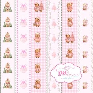 Capybara Christmas Seamless Pattern, Pink Gingham Patchwork, Nursery Fabric (Digital Download)