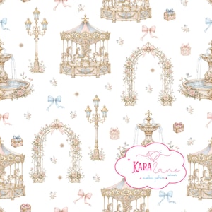 Op de afbeelding: Een naadloos patroon met illustraties van carrousels, fonteinen en bogen in pastelkleuren. Het ontwerp bevat strikken, bloemendetails en geschenkdozen, wat een grillige en elegante esthetiek creëert.