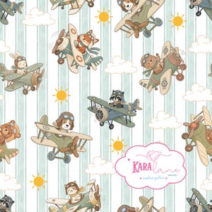 May include: A seamless pattern featuring cartoon animals in vintage biplanes against a light blue striped background with white clouds and yellow suns. The text KARA lane corner seamless pattern is visible in a pink cloud-shaped frame.