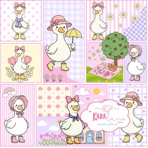 Pode incluir: Uma ilustração digital apresentando vários painéis de gansos brancos em várias roupas, incluindo gorros rosa, laços e botas de chuva amarelas. As cenas incluem um piquenique, flores, uma casa e o texto Kara Lane corner seamless pattern.