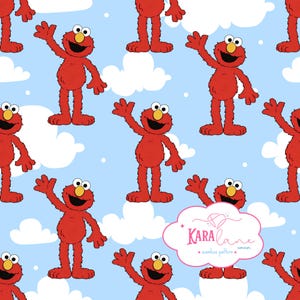Red Monster Seamless Pattern, Blue Sky White Clouds, Kids Pajama Fabric (Digital Download)