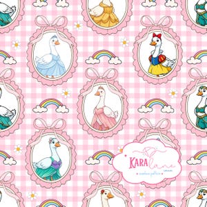 May include: Seamless pattern featuring cartoon geese dressed as fairytale characters in pink oval frames with bows, rainbows, and daisies on a pink gingham background. The pattern includes the text "KARA Lane + seamless pattern +."