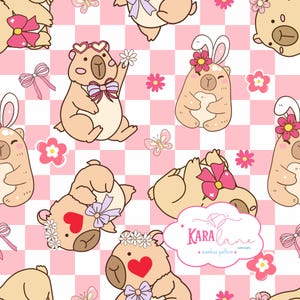 May include: A repeating pattern featuring cartoon bears with floral and bow accents on a pink and white checkered background. Some bears wear heart-shaped sunglasses, bunny ears, and flower crowns. The design includes butterflies, flowers, and bows.