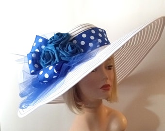 Royal Blue and White Polka Dot Wide Brim Hat with Polka Dots