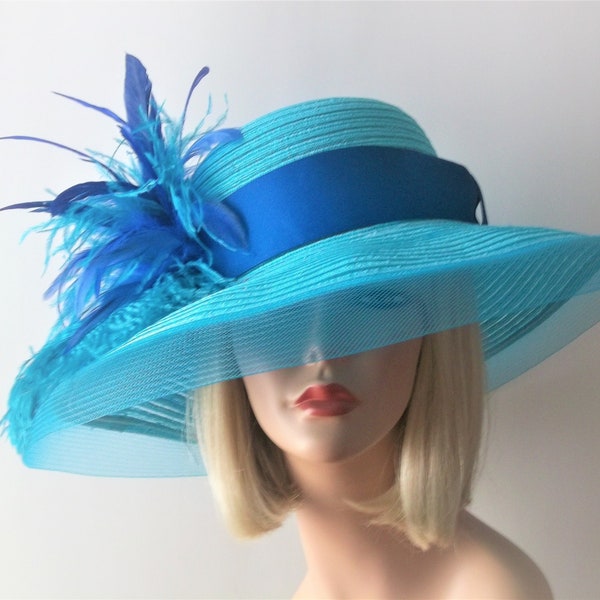 Ladies Royal Blue and Turquoise  Feathered Hat