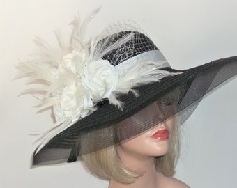 Black and White Hat - Roses and Feathers