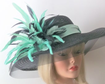 Mint Green Hat, Black with Mint and Black Feathers - Kentucky Derby Hat - Garden Party Hat or Victorian Tea Party