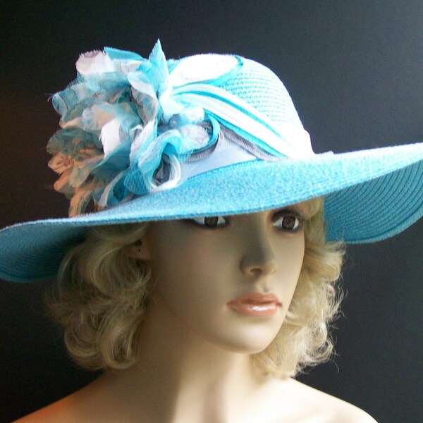 Wide Brim Turquoise Hat, Kentucky Derby Hat, Garden Party Hat or Victorian Tea Party