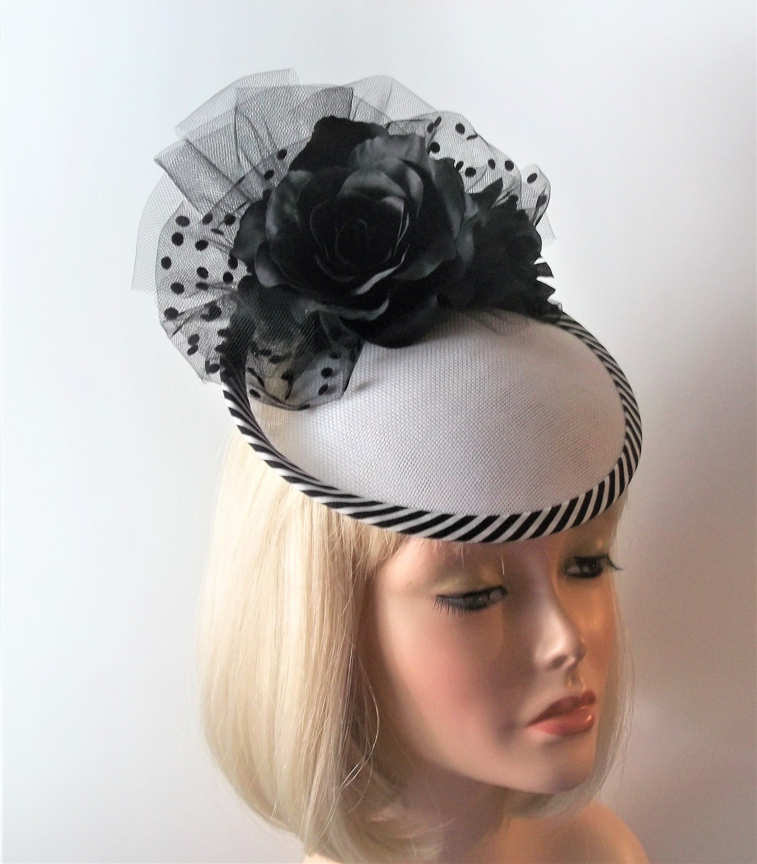 Black and White Fascinator Hat Polka Dots and Stripes Etsy
