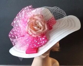 Ladies White and Pink Hat - Polka Dots