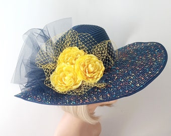 Navy Blue and Yellow Hat - Wide Brim Ladies Hat