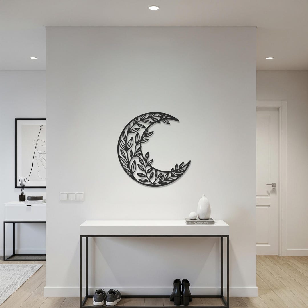 Metal Work Moon Floral Moon Metal Wall Art, Laser Cut Crescent Moon Design, Line Art ...