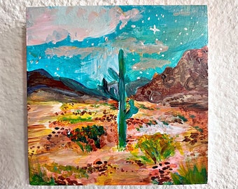 SoCal Cactus Desert Vibes Californie Mini peinture originale acrylique et gouache paysage 5 x 5