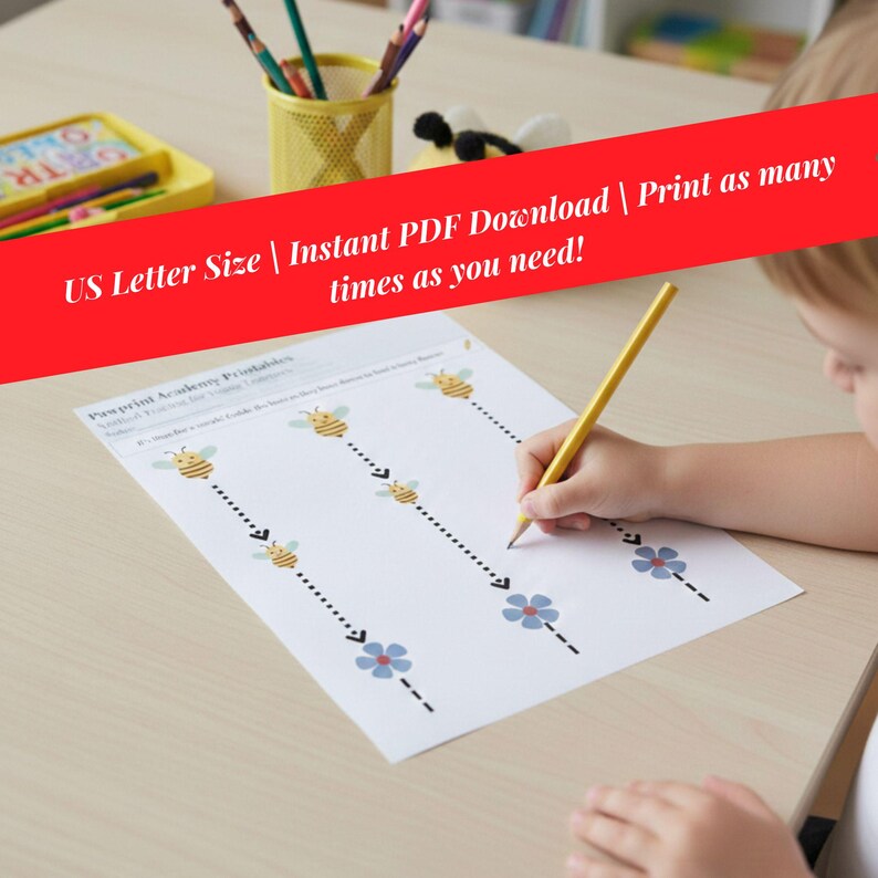 May include: A child's hand using a yellow pencil to trace dotted lines on a worksheet. The worksheet features bee and flower illustrations. Text on the worksheet reads "Pamprint Academy Printables". Red banner text reads "US Letter Size | Instant PDF Download | Print as many times as you need!"