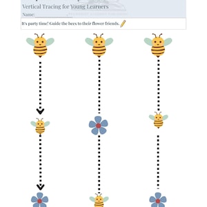 May include: A Pawprint Academy printable worksheet for young learners. The worksheet shows bees and flowers with dotted lines for tracing. Text reads: "It's party time! Guide the bees to their flower friends."