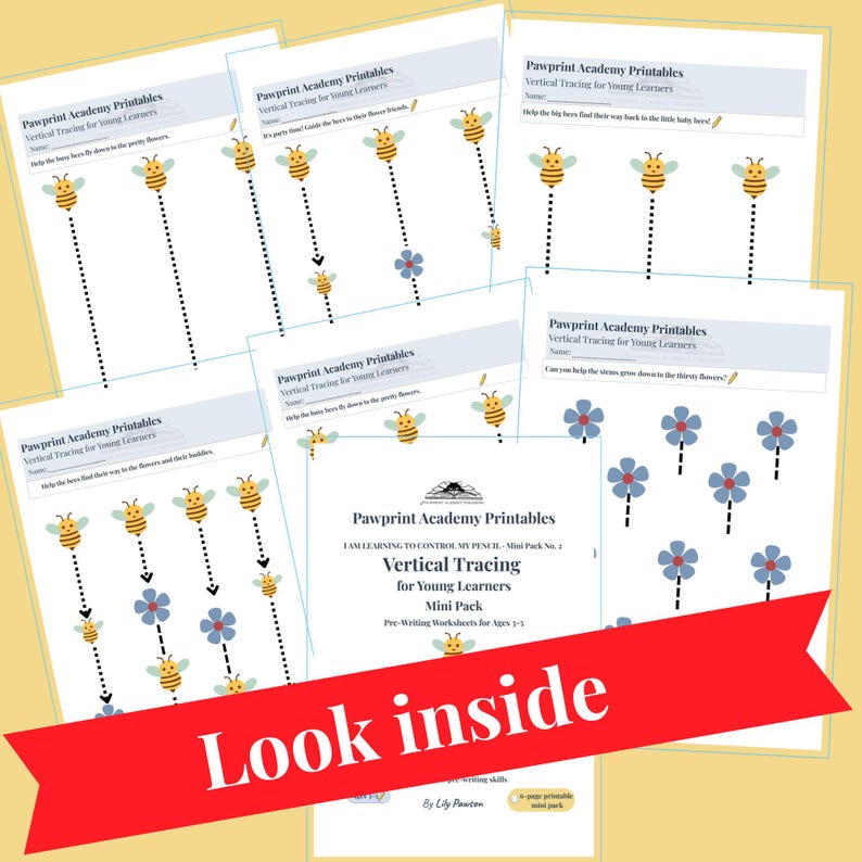 May include: A set of white worksheets for young learners, designed for vertical tracing practice. The pages show illustrations of bees, flowers, and dotted lines. The text "Look inside" is displayed on a red banner.