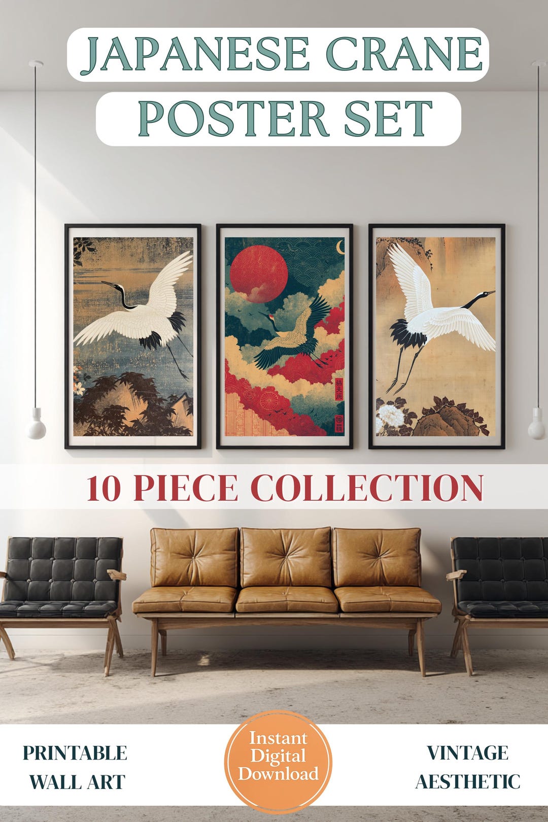 Japanese Crane Wall Art Set, Minimalist Japandi Decor, Wabi Sabi Prints ...