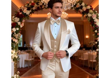 Mens Premium Ivory & Beige 3 Piece Suit Men | Elegant Slim Fit Custom Wedding Groom Outfit | Casual Fit Dinner Suit. Gift For Him.