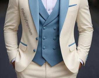 Mens Premium Beige & Blue 3 Piece Suit Men | Elegant Slim Fit Custom Wedding Groom Outfit | Casual Fit Dinner Suit. Gift For Him.