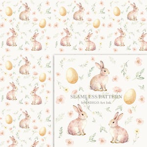 Puede incluir: Patrón sin costuras con ilustraciones en acuarela de conejos, huevos, flores y follaje en suaves colores pastel. El diseño incluye el texto "SEAMLESS PATTERN by INDIGO Art Ink" sobre un fondo blanco. Ideal para proyectos de Pascua.