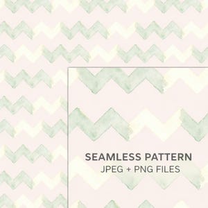 May include: A seamless pattern design featuring a repeating zigzag pattern in light green and off-white on a pale pink background. The image includes a smaller, close-up view of the pattern and the text "SEAMLESS PATTERN JPEG + PNG FILES".