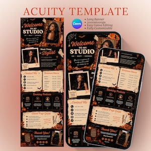Puede incluir: Una plantilla digital de Acuity para un estudio de belleza con temática de Halloween en colores negro y naranja. El diseño incluye secciones para información de contacto, horario comercial, políticas de reserva y una guía de preparación para clientes, decorada con calabazas, murciélagos y telarañas.