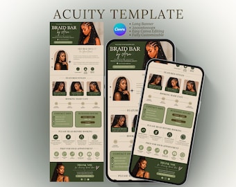 Può includere: Un modello digitale Acuity per un'attività di intreccio capelli con uno schema di colori verde scuro e beige. Il layout include sezioni per stili, contatti, orari e politiche di prenotazione, visualizzate su un banner e schermi mobili.