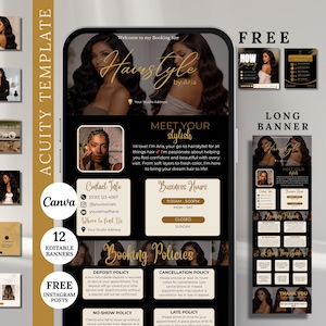 May include: A digital marketing template set for a hair stylist booking site, featuring black and gold color schemes. Includes twelve editable banners, a long banner, and free Instagram posts with text layouts for contact info, business hours, and booking policies.