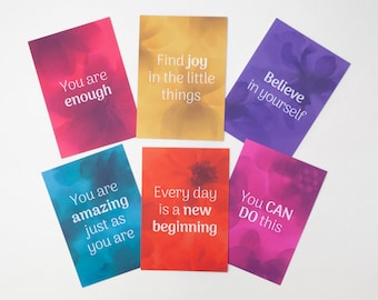 Set of 6 colourful floral motivation postcards, Positive affirmation cards, Christmas stocking filler, Xmas gift, Think positive prints