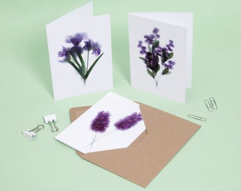 Purple Floral Note Cards Set of 6, Botanical Card Pack, Any Occasion cards, Luxury notecards, Blank Inside, Art Cards Multipack