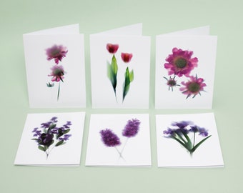 6 Pink & Purple Floral Note Cards, Botanical Card Pack, Any Occasion cards, Luxury Notecards Set, Blank Inside, Art Cards Multipack