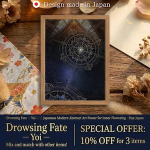 May include: A framed art print with a dark blue background and gold geometric designs. The print is displayed on a wooden surface with dried flowers and decorative paper. Text on the print reads "Drowsing Fate - Yoi".