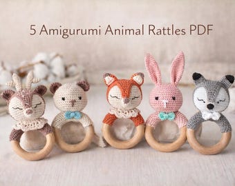 Amigurumi Animal Rattles Crochet Pattern, Deer, Bear, Fox, Bunny, Wolf (PDF)