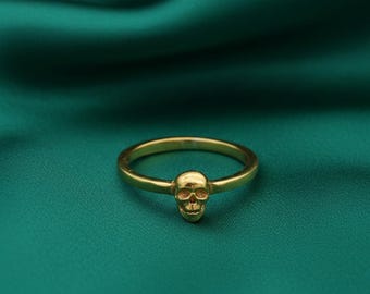 Gold Plated Brass Skull Ring, Handmade Gothic Skeleton Jewelry