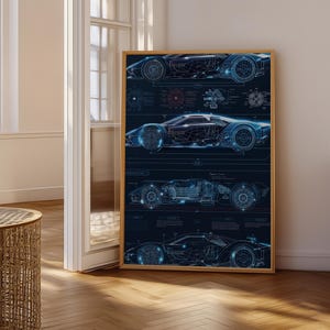 Peut inclure: Une affiche encadrée présentant des plans bleus néon détaillés de voitures futuristes sur fond bleu foncé. L'œuvre d'art met en valeur plusieurs modèles de voitures avec des détails mécaniques complexes.