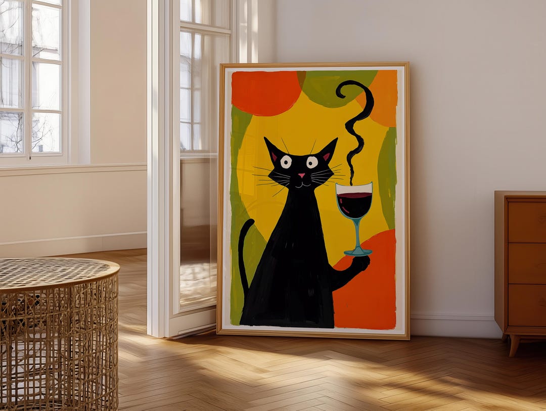 Black Cat Red Wine Wall Art | Funny Bar Art Print | Whimsical Animal ...